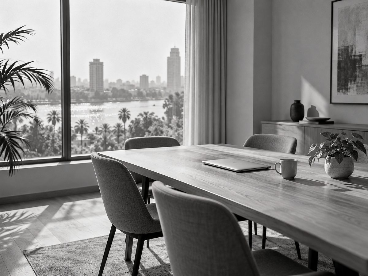 A quiet meeting room with a view over the Nile.