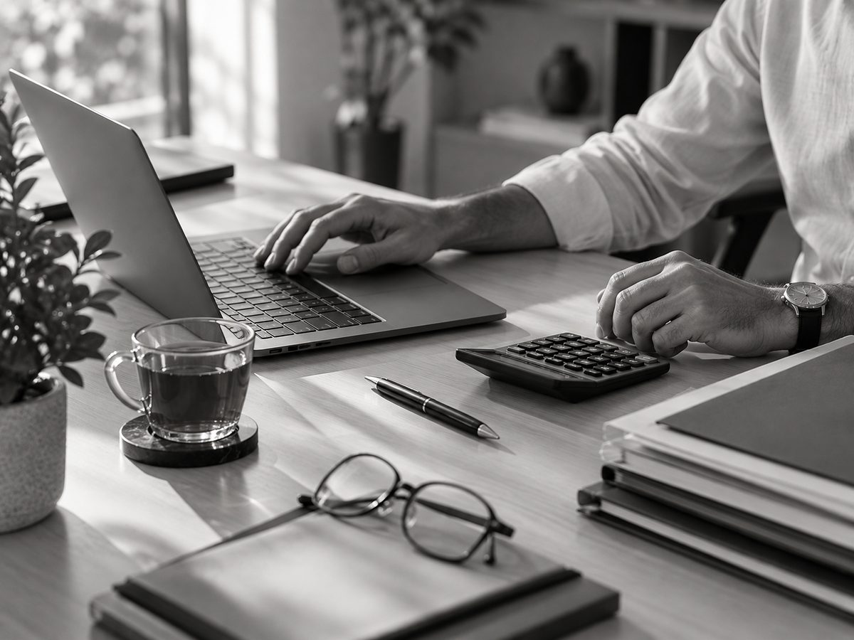 An accountant at work with a laptop and a calculator.