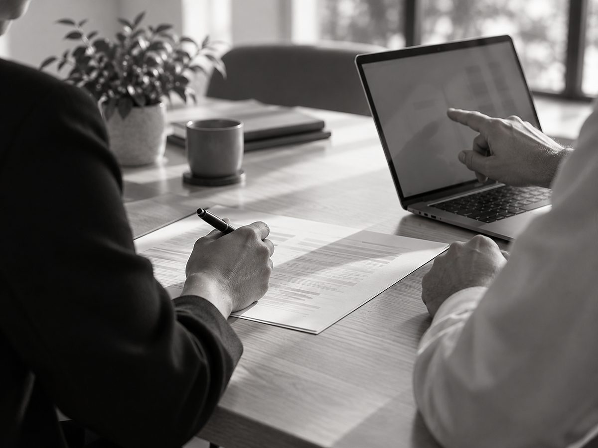 Two colleagues checking a document together.